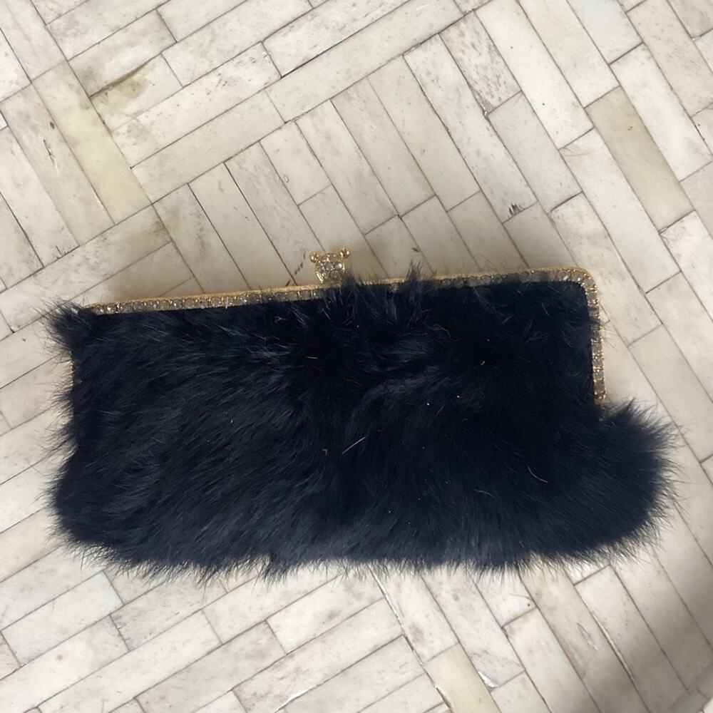 La Regale Black Fur Clutch with Gold Accents